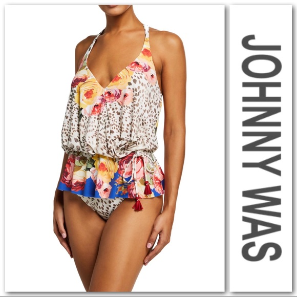 Johnny Was Other - Johnny Was Oksana Leopard Floral Print Halter Wrap Tankini Top